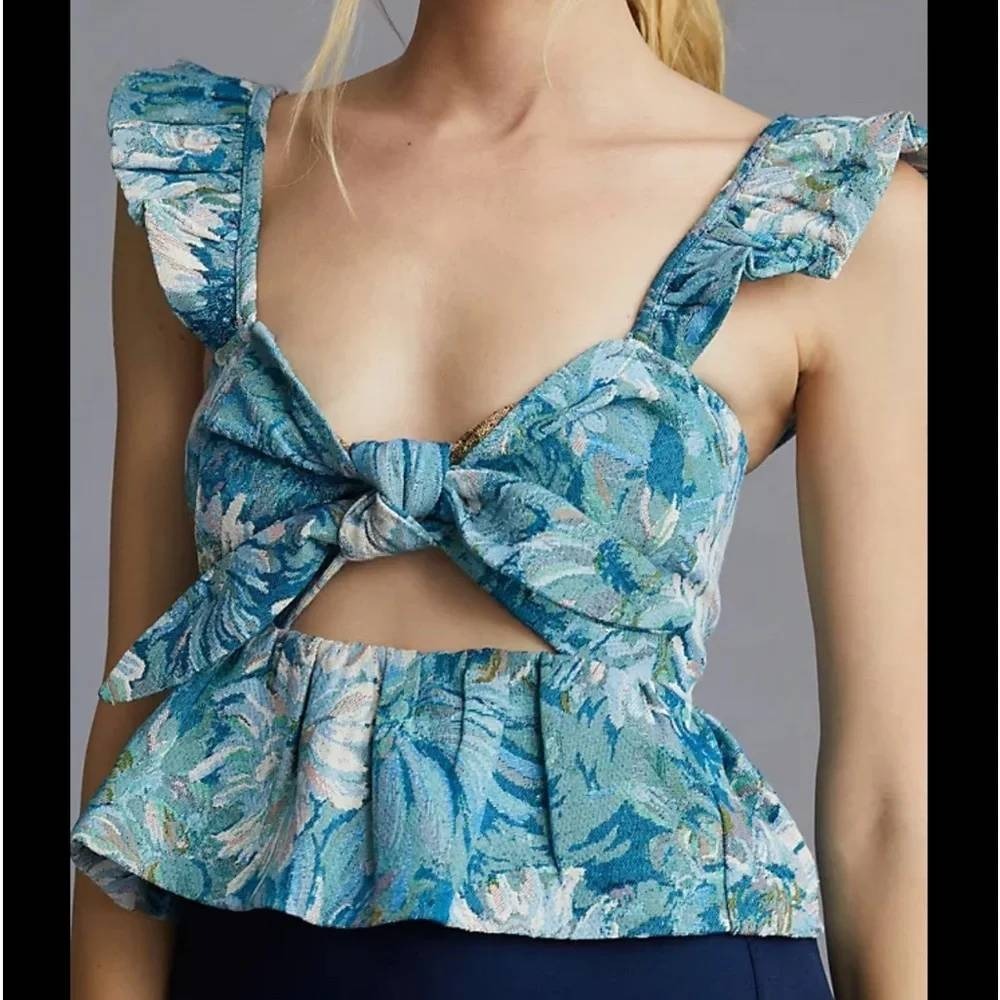 En Saison Floral Tapestry Crop Top Ruffle Peplum Tie Front Blue Motif Large Boho